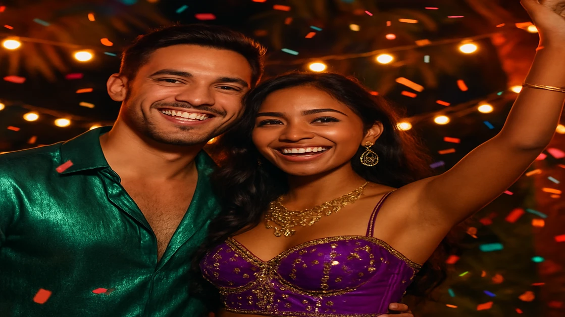 রঙিন কার্নিভ্যাল পোশাকে এক সুখী ও আকর্ষণীয় জুটি একটি প্রাণবন্ত বহিরঙ্গন উৎসব উদযাপন করছে, যেখানে mcw login-এ একসাথে গেম খেলার মজা, সামাজিকতা এবং উত্তেজনাপূর্ণ পরিবেশ উদ্ভাসিত হচ্ছে।