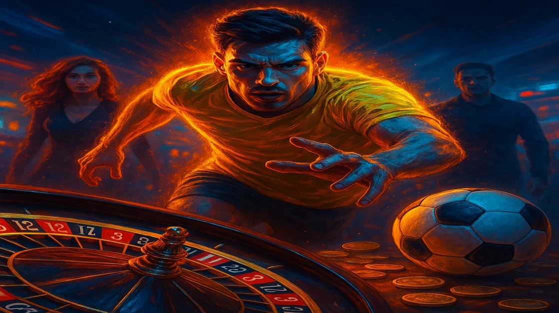 একজন তীব্র-উদ্দীপনা সম্পন্ন পুরুষ ফুটবল খেলোয়াড় জ্বলন্ত এক কোলাজের কেন্দ্রে অবস্থান করছেন, যেখানে একটি গেমিং প্ল্যাটফর্ম-চিপস এবং জ্বলন্ত ডিজাইন স্পোর্টস গেমিং ও গেমিং প্ল্যাটফর্ম-গেমিংয়ের উত্তেজনাপূর্ণ জগতকে একত্র করেছে—mcw login।